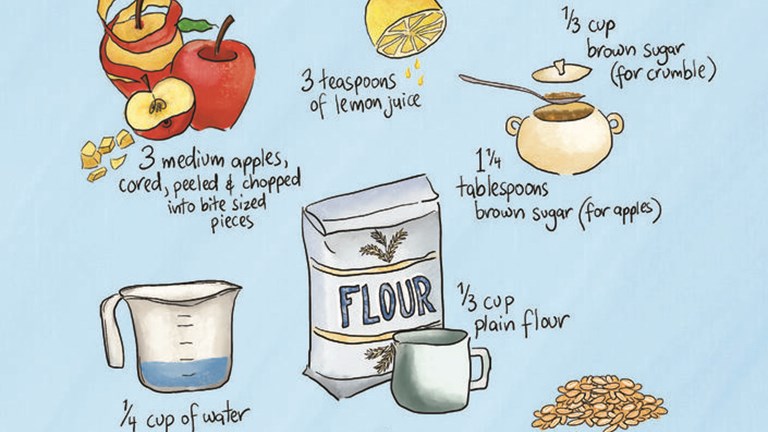 Illustration of ingredients for apple crumble