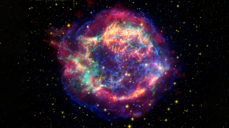 This false-color image from three of NASA Great Observatories provides one example of a star that died in a fiery supernova blast. Called Cassiopeia A, this supernova remnant is located 10,000 light-years away in the constellation Cassiopeia